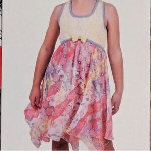Jona Michelle Girls Multi-color Chiffon w/ ruffles Handkerchief Hem dress. Sze 6